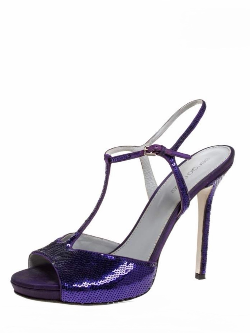 Sergio Rossi Purple Sequin T-Strap High Heel Sandals